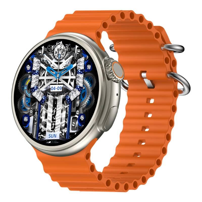 Smartwatch with orange band, exposed mechanical gears, fitness tracking display