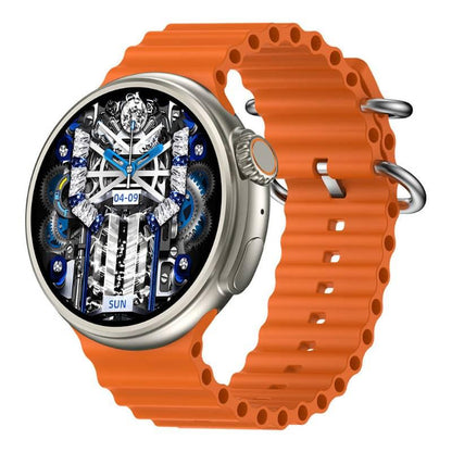 Smartwatch with orange band, exposed mechanical gears, fitness tracking display