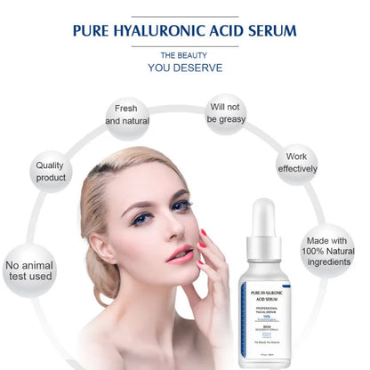 Pure Hyaluronic Acid Serum advertisement with a woman applying serum to her face.