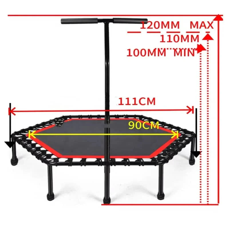 Hexagonal fitness trampoline with handlebar, adjustable height, and size measurements shown.