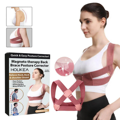 Woman wearing a pink back posture corrector brace, product package and close-ups displayed.
