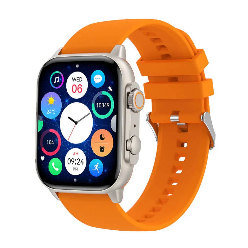 Smart fitness watch with orange band and colorful activity tracking display