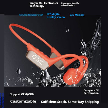 Waterproof orange wireless headphones with LED display and memory, splashing in water