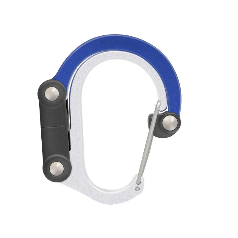 Blue and silver carabiner clip with black grip, outdoor gear accessory on white background