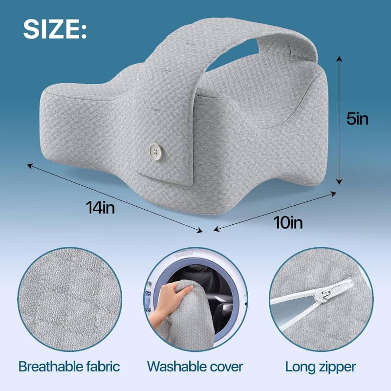 Gray pillow with measurements and features on a blue background