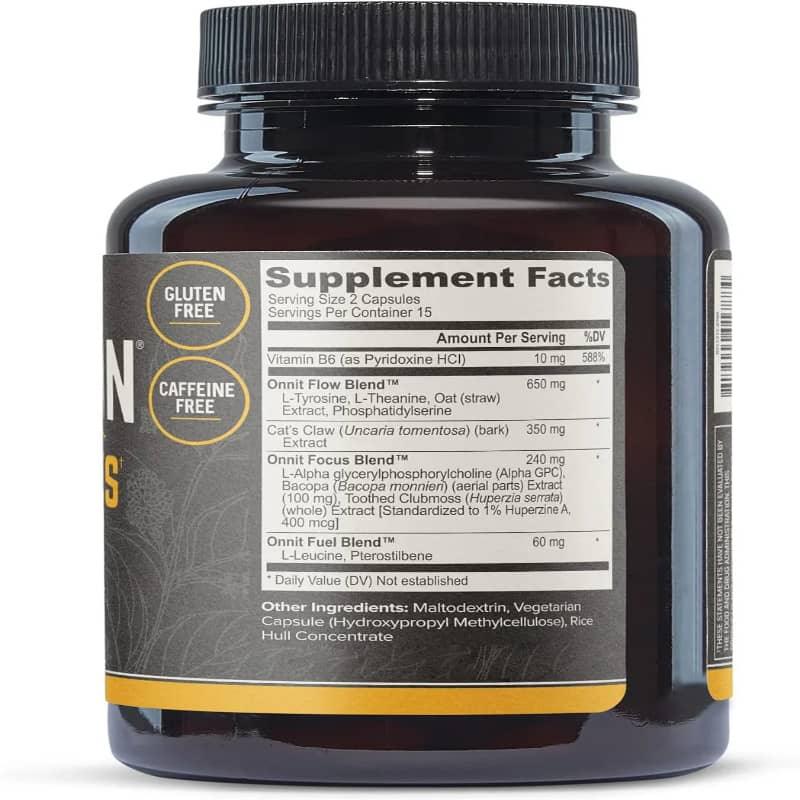 Dietary supplement bottle showing supplement facts, gluten free and caffeine free labels