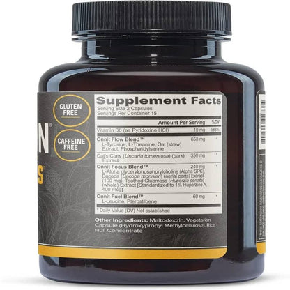 Dietary supplement bottle showing supplement facts, gluten free and caffeine free labels
