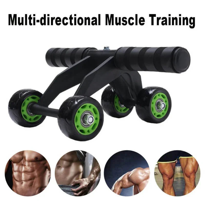 Multidirectional muscle training tool with black and green design, surrounded by images of muscular bodies.