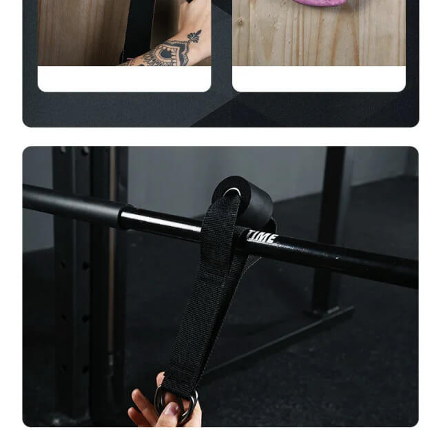 Heavy-duty black lifting strap secured to a gym barbell, strength training equipment