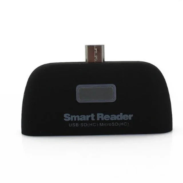 Black Smart Reader USB SDHC MicroSDHC card reader with micro USB connector on white background