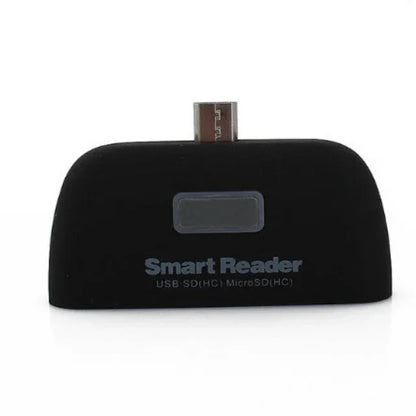 Black Smart Reader USB SDHC MicroSDHC card reader with micro USB connector on white background