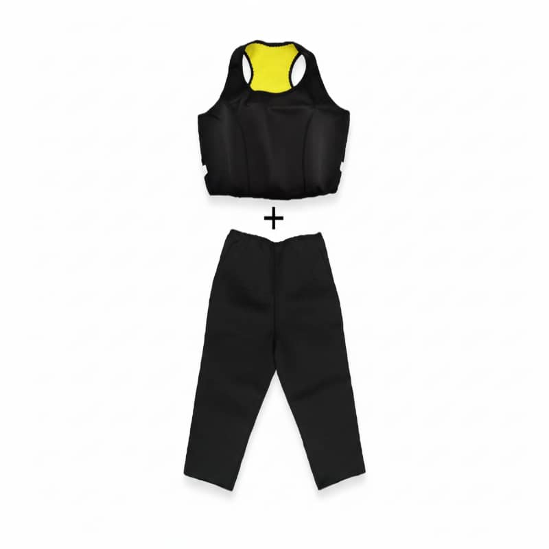Black athletic top and pants set on a white background