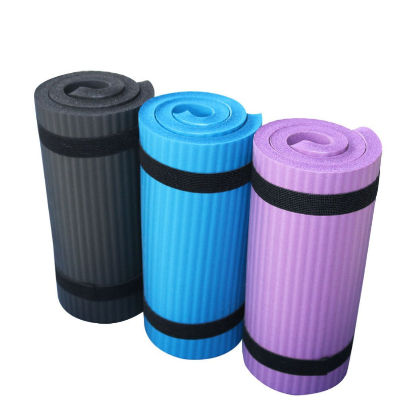 Three rolled premium fitness mats in black, blue, and purple from Hi Fitness