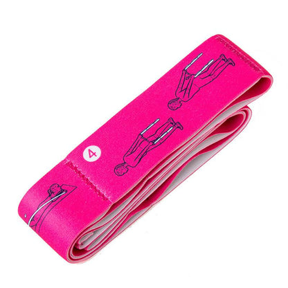 Pink fabric resistance band with printed exercise illustrations for strength training