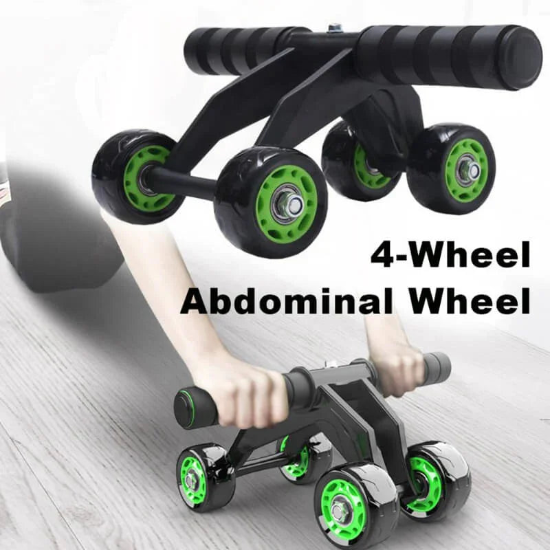 4-wheel abdominal wheel with green wheels on a wooden floor
