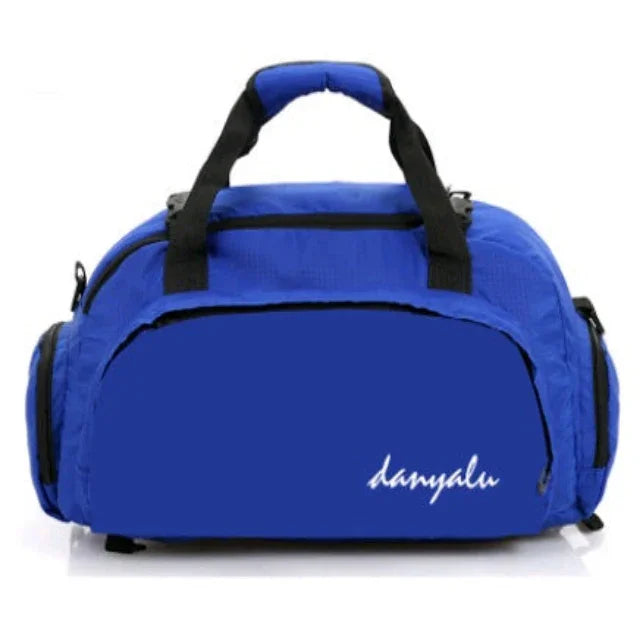 Blue gym duffel bag with black handles and side pockets, white danyalu logo on front