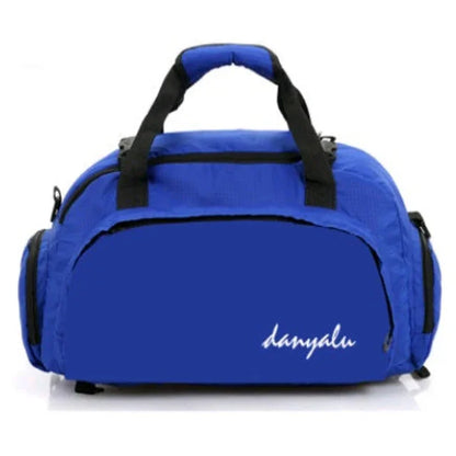 Blue gym duffel bag with black handles and side pockets, white danyalu logo on front
