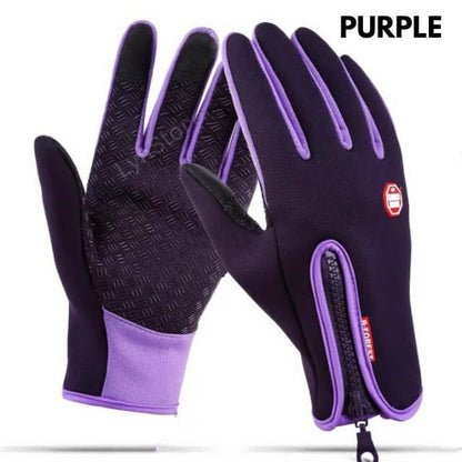 Purple outdoor fitness gloves with grip palms and zipper closure, displayed on white background