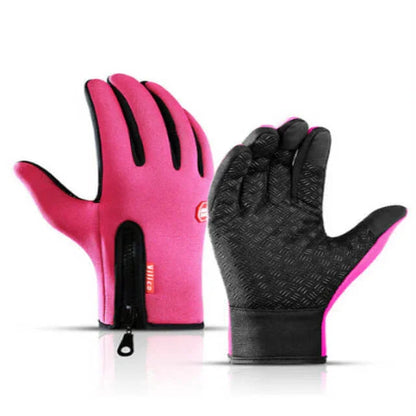 Pink fitness gloves with black non-slip palm and zipper, ideal for outdoor exercise.