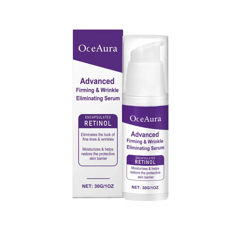 OceAura Advanced Firming & Wrinkle Eliminating Serum with retinol, 30g bottle and packaging