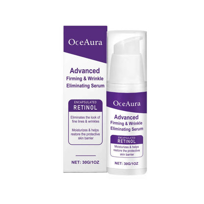 OceAura Advanced Firming & Wrinkle Eliminating Serum with retinol, 30g bottle and packaging