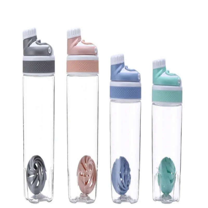 Four transparent water bottles with colorful lids and silicone sleeves on a white background