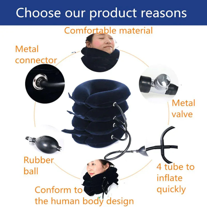 Inflatable neck traction device made of comfortable material with metal valve, metal connector, rubber ball, and four tubes for quick inflation