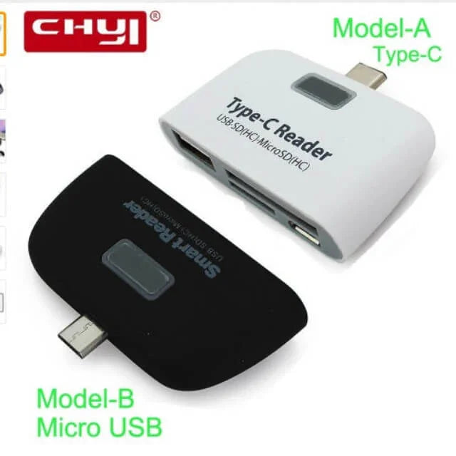 Type-C and Micro USB card readers for USB, SD, and MicroSD, in black and white models