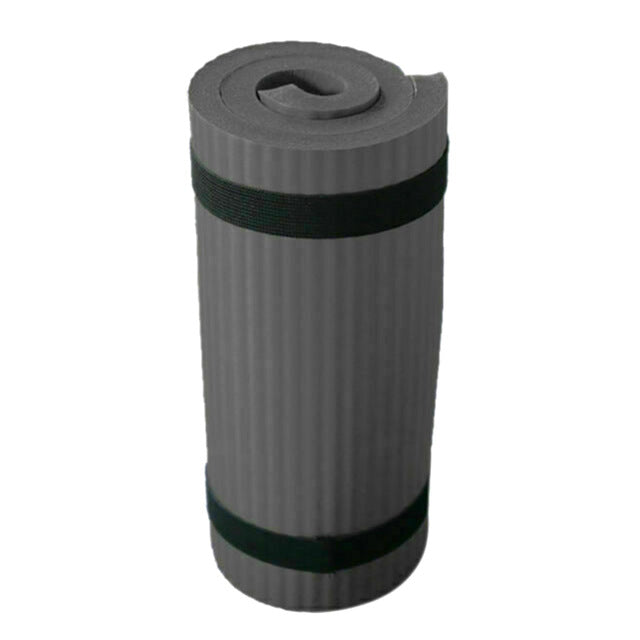 Gray yoga mat with a black band on a white background