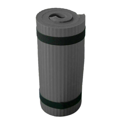 Gray yoga mat with a black band on a white background