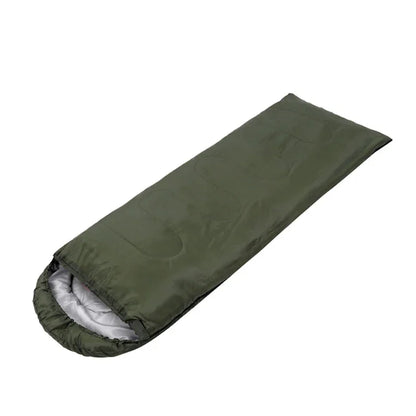 Olive green outdoor sleeping bag with hood, lightweight camping gear on white background