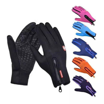 Multi-color waterproof fitness gloves with zippers and textured palm grip, displayed on white background
