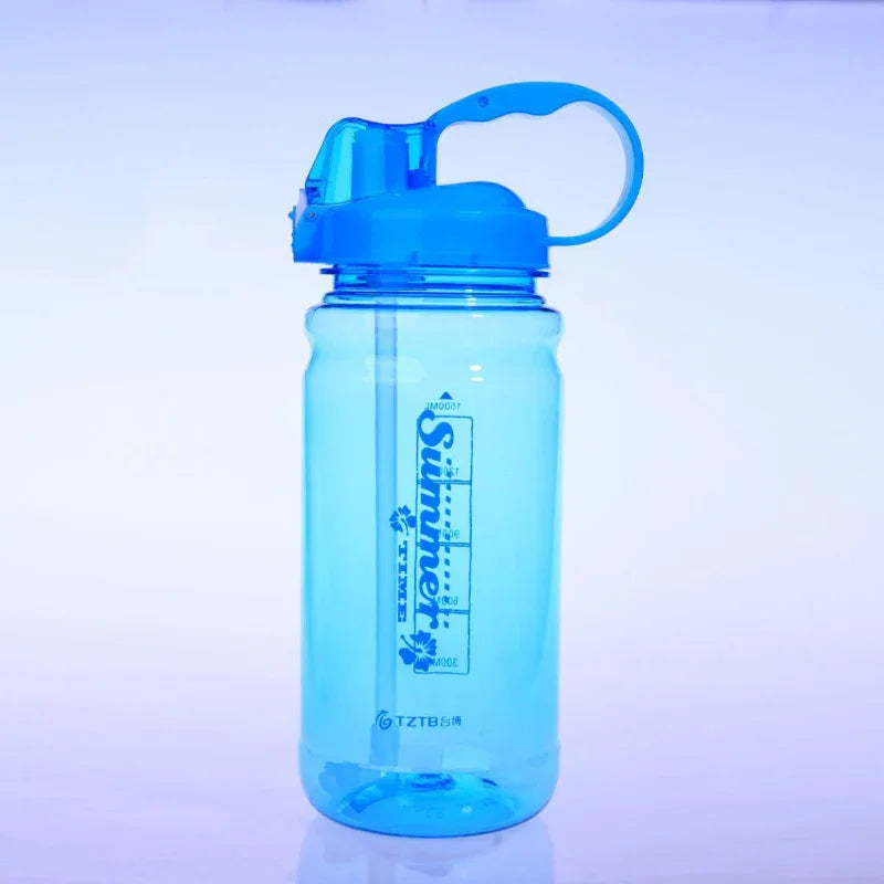 Blue plastic sports water bottle with handle and 'Summer Time' text for fitness hydration
