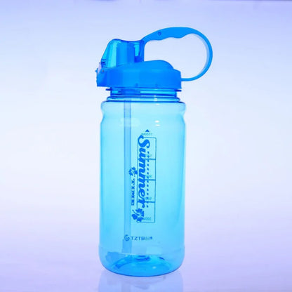 Blue plastic sports water bottle with handle and 'Summer Time' text for fitness hydration