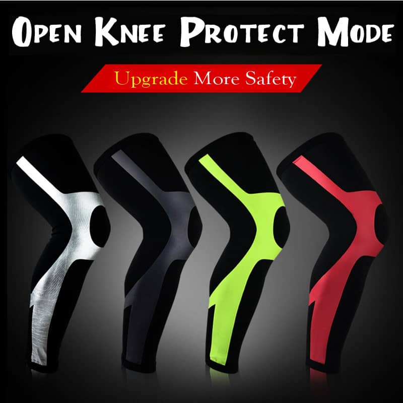 Four knee protectors in different colors with text 'Open Knee Protect Mode' on a black background.