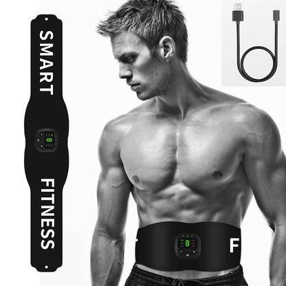 Man wearing smart fitness EMS abdominal belt, USB cable and product close-up, Hi Fitness gear