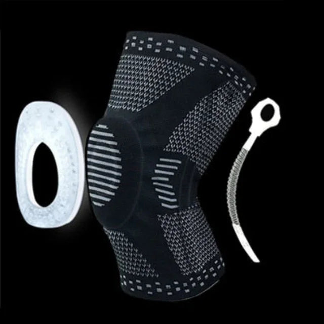 Black elastic knee brace with silicone pad and metal support for joint stabilization