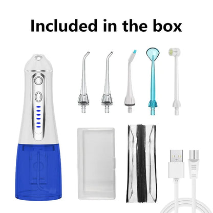 A portable rechargeable water flosser  'Portable & Rechargeable' '20 DAYS OF USAGE Few hours' on a USB charger.