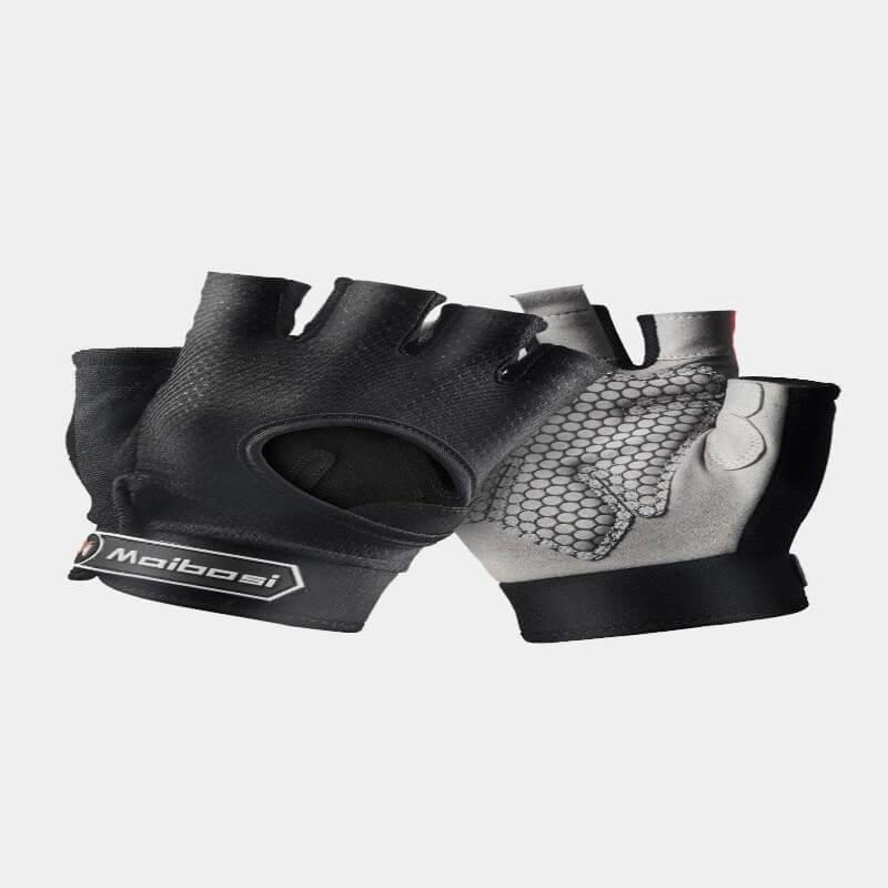 Black cycling gloves with brand logo on a light gray background