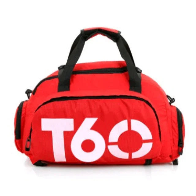 Red sports duffel bag with black handles and large white 'T60' logo on front, gym gear