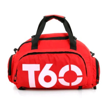 Red sports duffel bag with black handles and large white 'T60' logo on front, gym gear