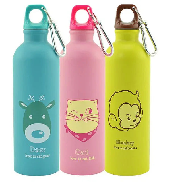 Set of three colorful stainless steel water bottles with animal prints and carabiner clips