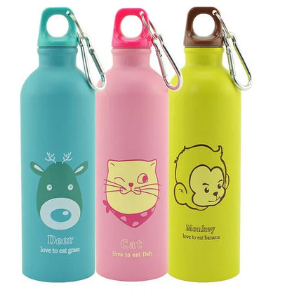 Set of three colorful stainless steel water bottles with animal prints and carabiner clips