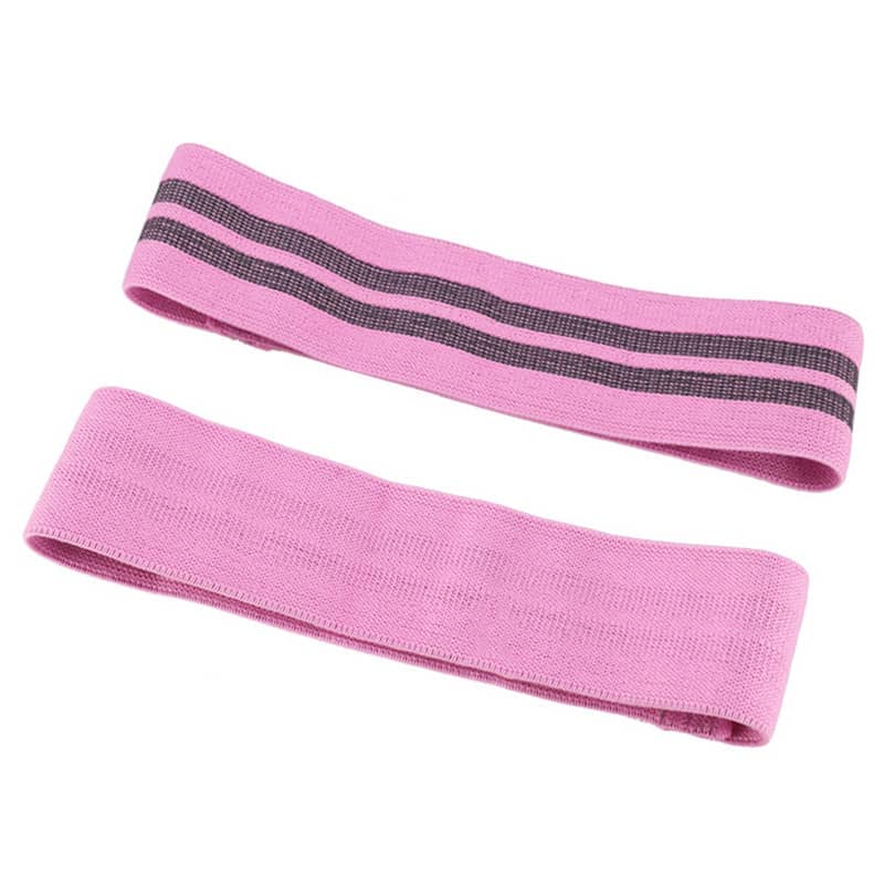 Two pink resistance bands with black straps on a white background