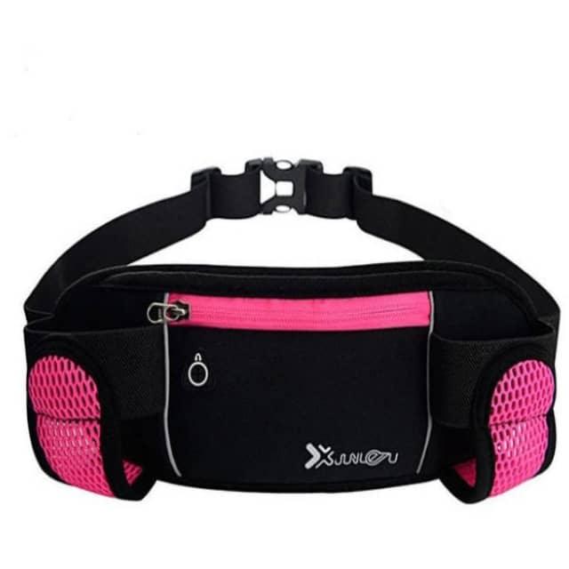 Black and pink waist bag with a visible brand logo on a white background