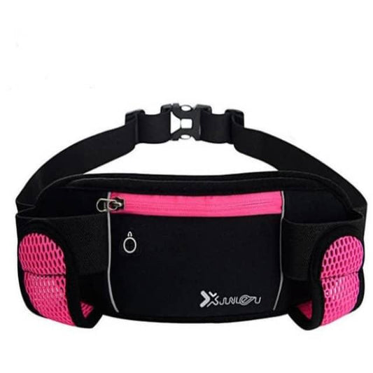 Black and pink waist bag with a visible brand logo on a white background