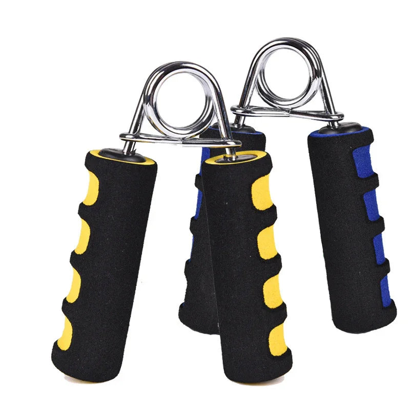 Pair of hand grip strengtheners with black foam handles featuring yellow and blue accents for fitness training