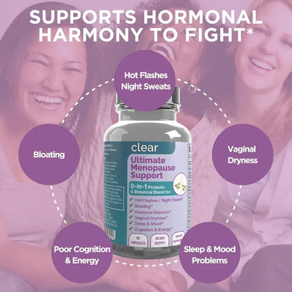 Bottle of 'Clear Ultimate Menopause Support' with women smiling in the background, highlighting symptoms it helps with.