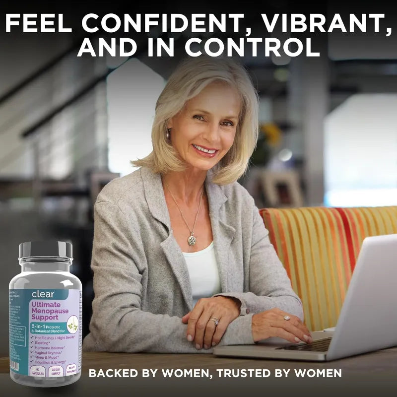 Woman using a laptop with a bottle of supplements next to her, with text about confidence and control.