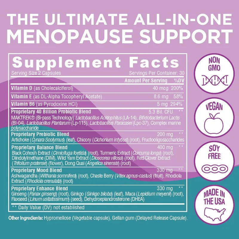 Supplement label for menopause support with ingredients and benefits on a purple background